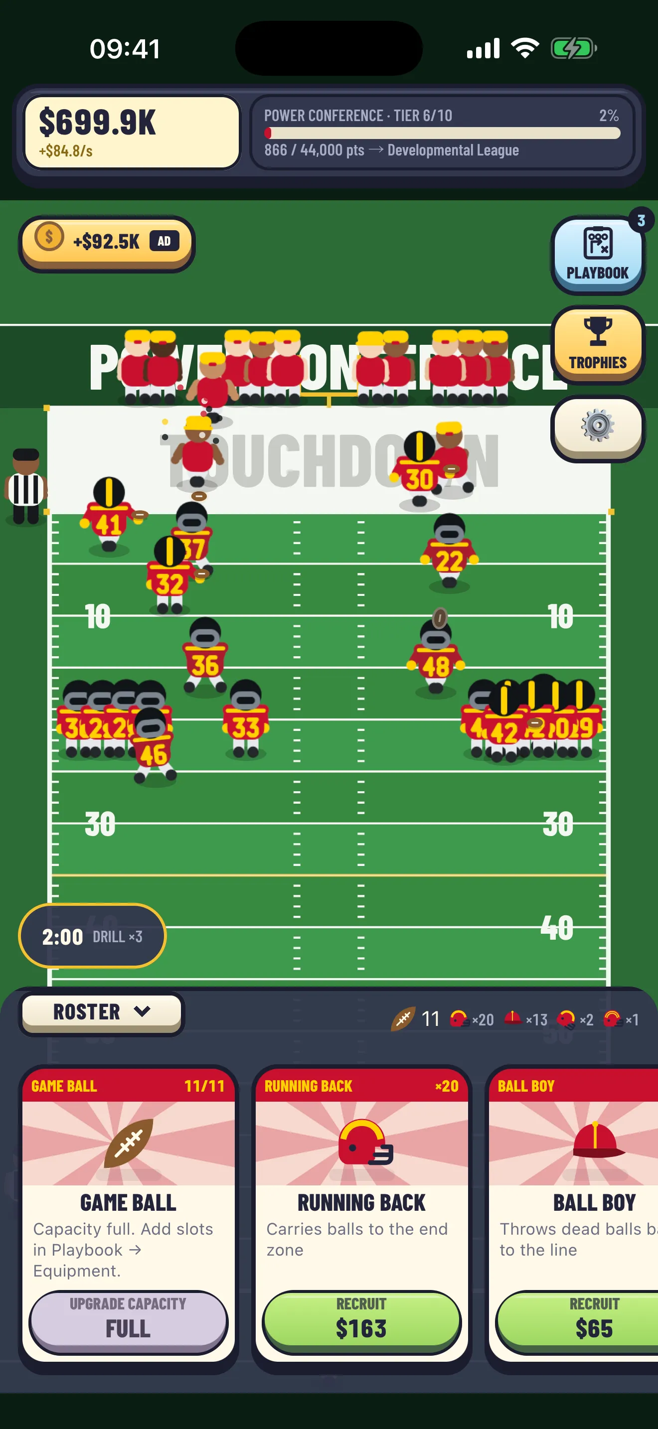 The roster drawer in Gridiron Idle, with cards to recruit a game ball, a running back and a ball boy