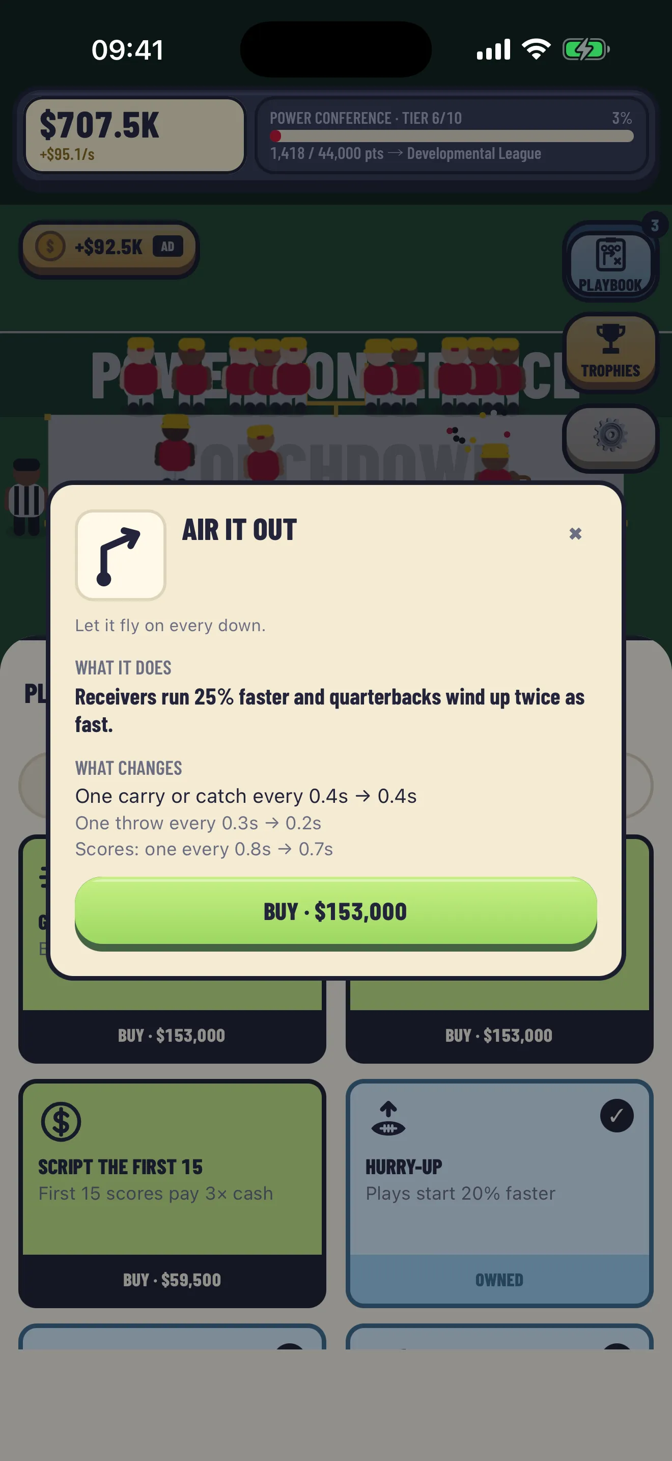 The Air It Out play's detail card, showing that receivers run 25% faster and quarterbacks wind up twice as fast